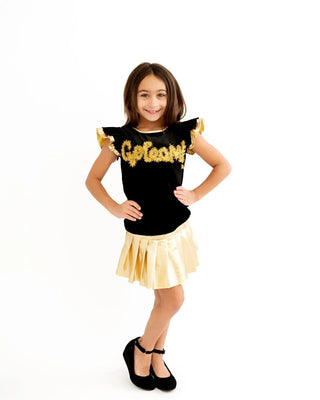 Go Team Black & Gold Velvet Flutter Sleeve Shirt - Evie's Closet Clothing