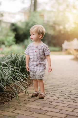 Harvest Nights Gray and Ivory Henley Collar Shirt and Button Accent Shorts Boys Set - Evie's Closet Clothing