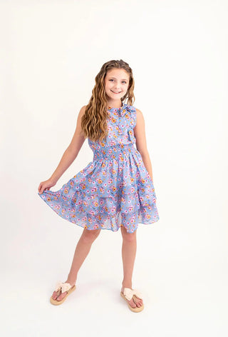 Hawaiian Hibiscus Simplicity Periwinkle Printed Chiffon Bow Neck, Smocked Waist, Tiered Skirt Dress - Evie's Closet Clothing