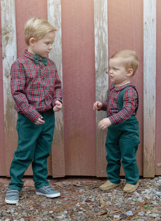 Holly Bells Red and Green Collared Adjustable Sleeve Shirt - Evie's Closet Clothing