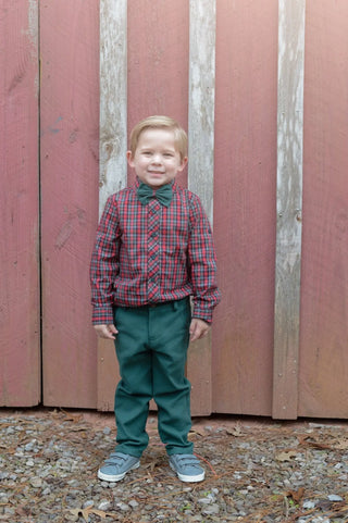 Holly Bells Red and Green Collared Adjustable Sleeve Shirt - Evie's Closet Clothing