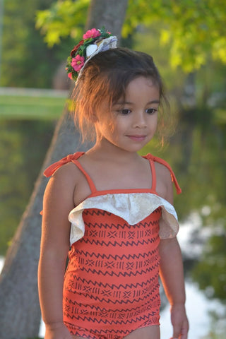 Island Dreamer Orange and Gold Leo/Swim Skort Set - Evie's Closet Clothing