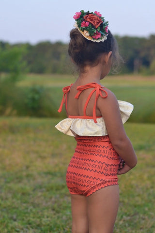 Island Dreamer Orange and Gold Leo/Swim Skort Set - Evie's Closet Clothing