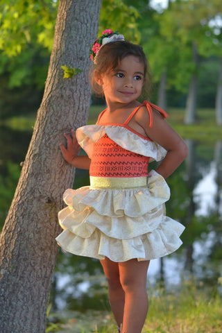 Island Dreamer Orange and Gold Leo/Swim Skort Set - Evie's Closet Clothing