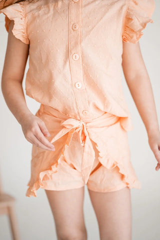 Just Peachy Soft Peach Argyle Swiss Dot Button Back Top and Short Set - Evie's Closet Clothing