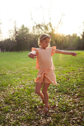 Just Peachy Soft Peach Argyle Swiss Dot Button Back Top and Short Set - Evie's Closet Clothing