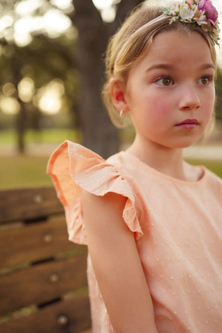 Just Peachy Soft Peach Argyle Swiss Dot Button Back Top and Short Set - Evie's Closet Clothing