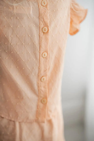 Just Peachy Soft Peach Argyle Swiss Dot Button Back Top and Short Set - Evie's Closet Clothing