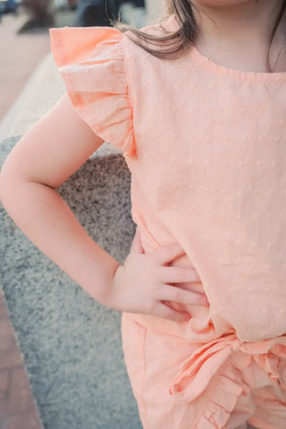 Just Peachy Soft Peach Argyle Swiss Dot Button Back Top and Short Set - Evie's Closet Clothing