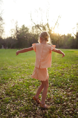 Just Peachy Soft Peach Argyle Swiss Dot Button Back Top and Short Set - Evie's Closet Clothing