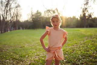 Just Peachy Soft Peach Argyle Swiss Dot Button Back Top and Short Set - Evie's Closet Clothing