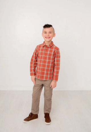 Letting Go Tan and Rust Button Up Collared Boys Shirt - Evie's Closet Clothing