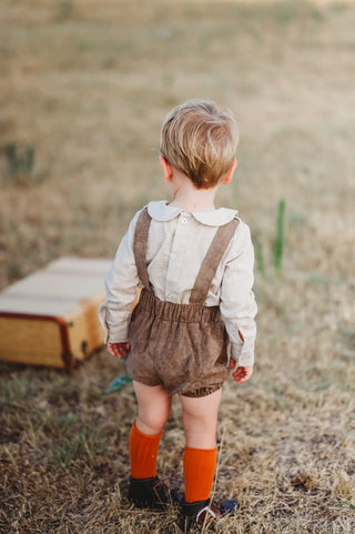 Letting Go Tan Button Accent Boys Romper - Evie's Closet Clothing