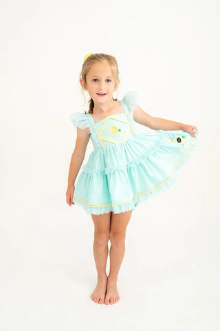 Make Lemonade Aqua and Lemon Yellow Embroidered Lace, Flutter Sleeve, and Tulle Accent Tunic Set - Evie's Closet Clothing