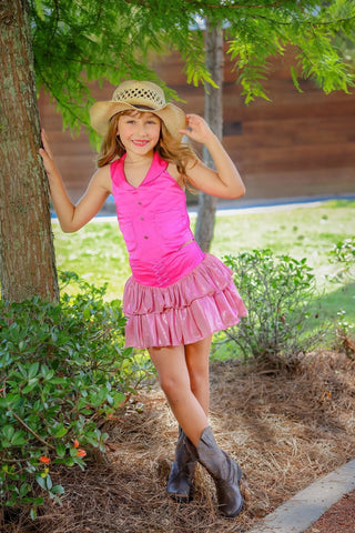 Mali-Beauty Hot Pink Satin Vest Style Top and Skort Dreamer Set - Evie's Closet Clothing