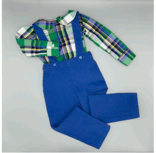 Merry & Bright Royal Blue and Plaid Shirt and Pant with Suspenders Set - Evie's Closet Clothing