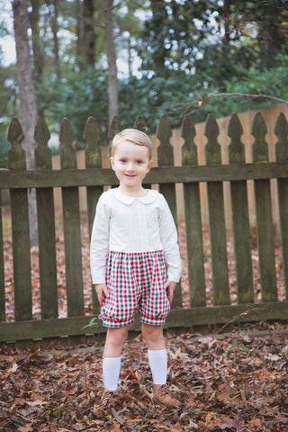 Noel Ivory, Red, and Green Pintucked Boy’s Romper - Evie's Closet Clothing