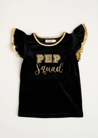 Pep Squad Black and Gold Velvet Embroidered Flutter Sleeve Tee - Evie's Closet Clothing