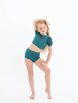 Perfect Poof Dark Teal Short Puff Sleeve Two Piece Dance/Swim Set - Evie's Closet Clothing