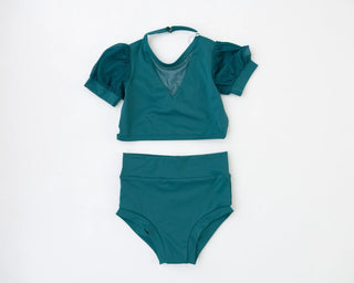 Perfect Poof Dark Teal Short Puff Sleeve Two Piece Dance/Swim Set - Evie's Closet Clothing