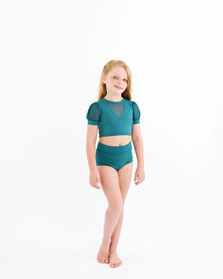 Perfect Poof Dark Teal Short Puff Sleeve Two Piece Dance/Swim Set - Evie's Closet Clothing