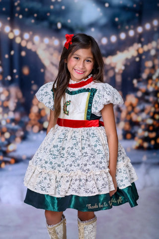 Preorder God's Indescribable Gift Green, Ivory, and Red Lace Overlay Detailed Dress with Attached Pettiskirt - Evie's Closet Clothing