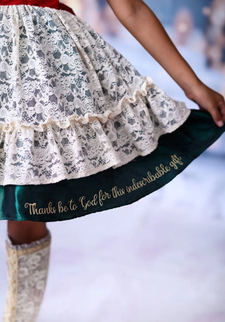 Preorder God's Indescribable Gift Green, Ivory, and Red Lace Overlay Detailed Dress with Attached Pettiskirt - Evie's Closet Clothing