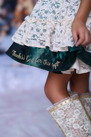 Preorder God's Indescribable Gift Green, Ivory, and Red Lace Overlay Detailed Dress with Attached Pettiskirt - Evie's Closet Clothing