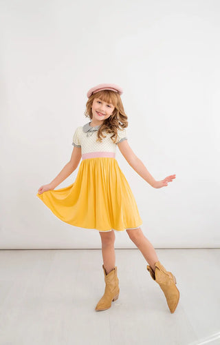 Preorder: Pencil Perfect Mustard Pink And Grey Polka Dot Bamboo Dress - Evie's Closet Clothing