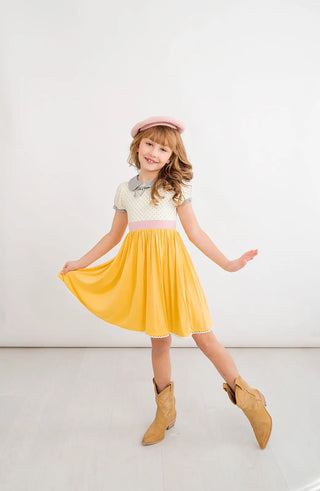 Preorder: Pencil Perfect Mustard Pink And Grey Polka Dot Bamboo Dress - Evie's Closet Clothing