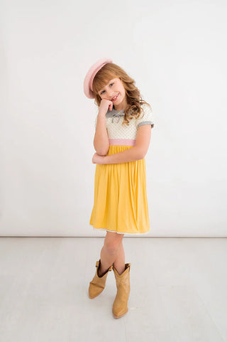 Preorder: Pencil Perfect Mustard Pink And Grey Polka Dot Bamboo Dress - Evie's Closet Clothing