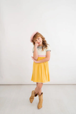 Preorder: Pencil Perfect Mustard Pink And Grey Polka Dot Bamboo Dress - Evie's Closet Clothing