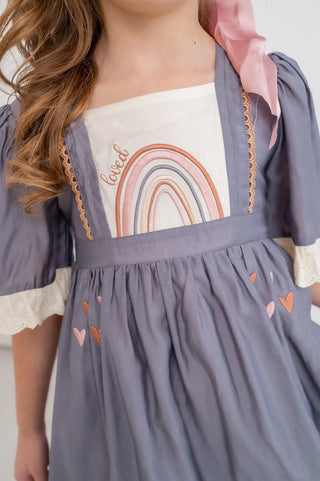 Radiant Rainbow Chambray and Ivory Embroidered Dress - Evie's Closet Clothing