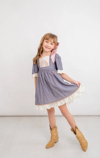 Radiant Rainbow Chambray and Ivory Embroidered Dress - Evie's Closet Clothing