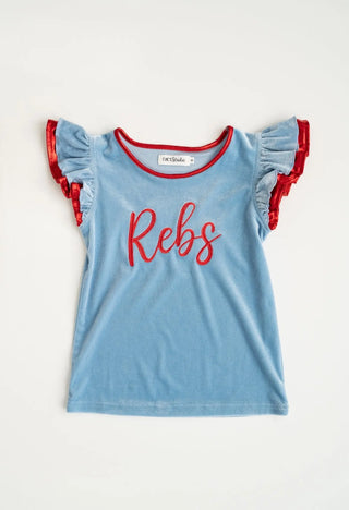 Rebs Ready Spirit Light Blue and Red Velvet T-Shirt - Evie's Closet Clothing