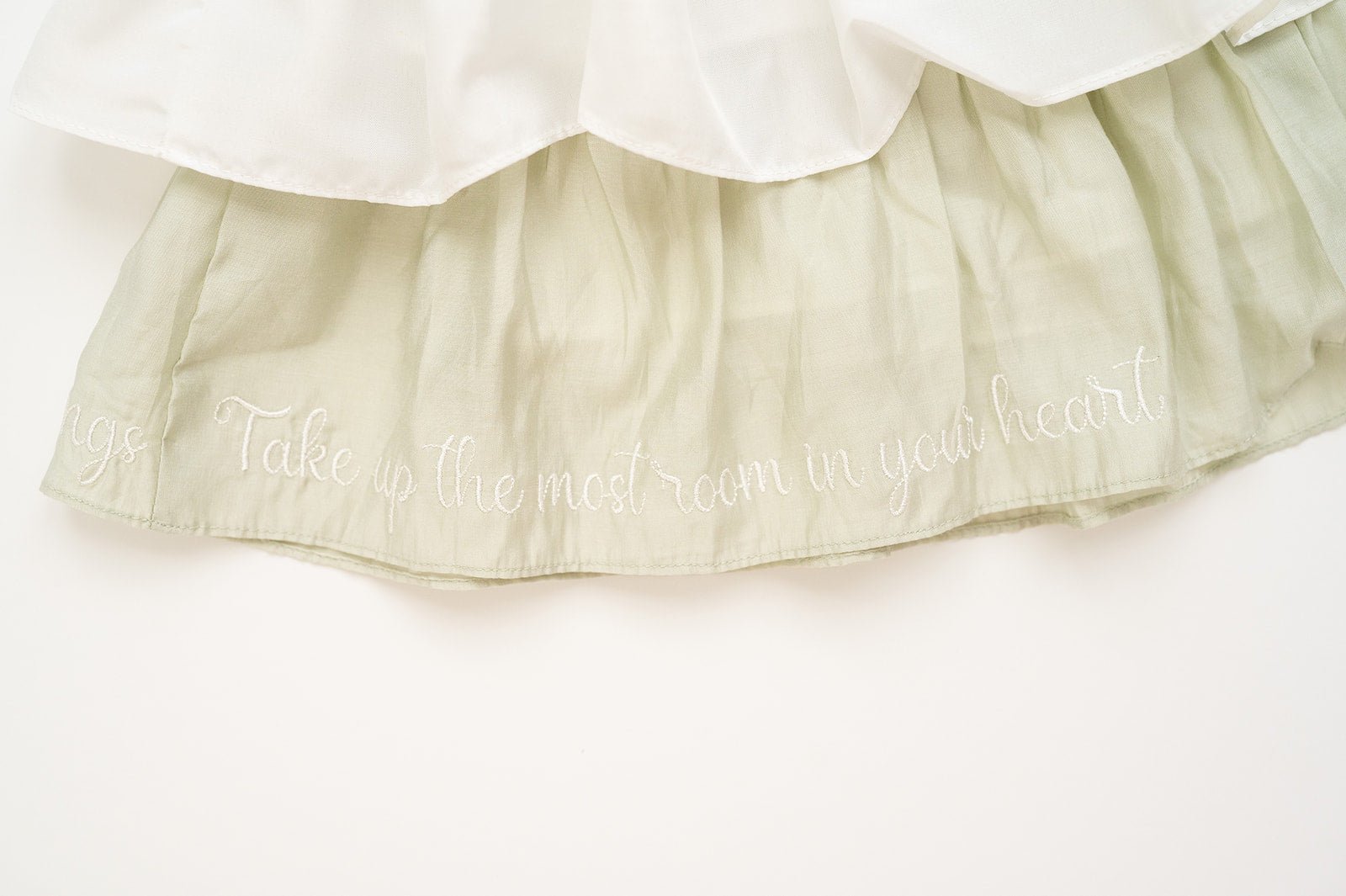 Room In My Heart Sage Green and Soft White, Alternating Pintuck, Lace Detail and Watercolor Printed and Quote Embroidered Dress - Evie's Closet Clothing