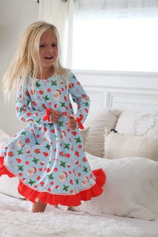 Santa Love Light Blue Printed Gown - Evie's Closet Clothing