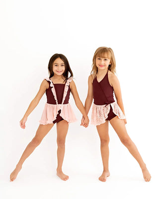 See Me Sparkle Maroon and Pink Sequin Accent One Piece Half - Skirted Leotard - Evie's Closet Clothing