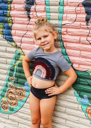 Somewhere Over the Rainbow Gray and Navy Two Piece Dance/Swim Set - Evie's Closet Clothing