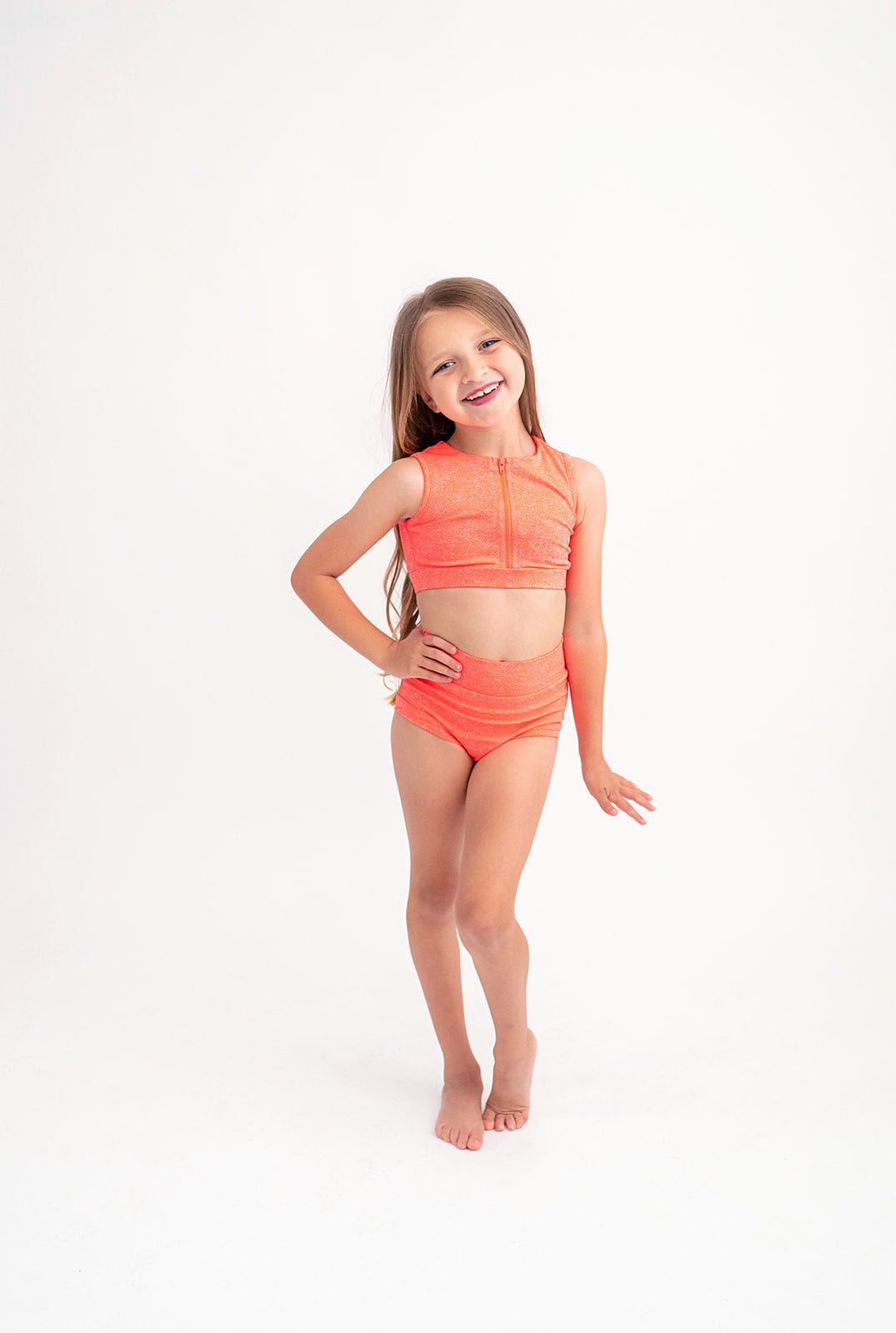 Sporty Zip Bright Coral Two Piece Dance/Swim Set - Evie's Closet Clothing