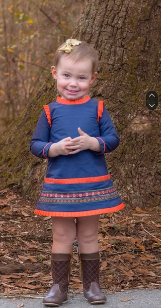 Swedish Embroidery Navy and Orange Pleated Hem Shift Dress - Evie's Closet Clothing