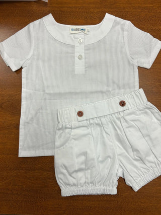 Sweet Magnolia White on White Striped Little Boy's Henley Top and Short Set (OOAK) - Evie's Closet Clothing