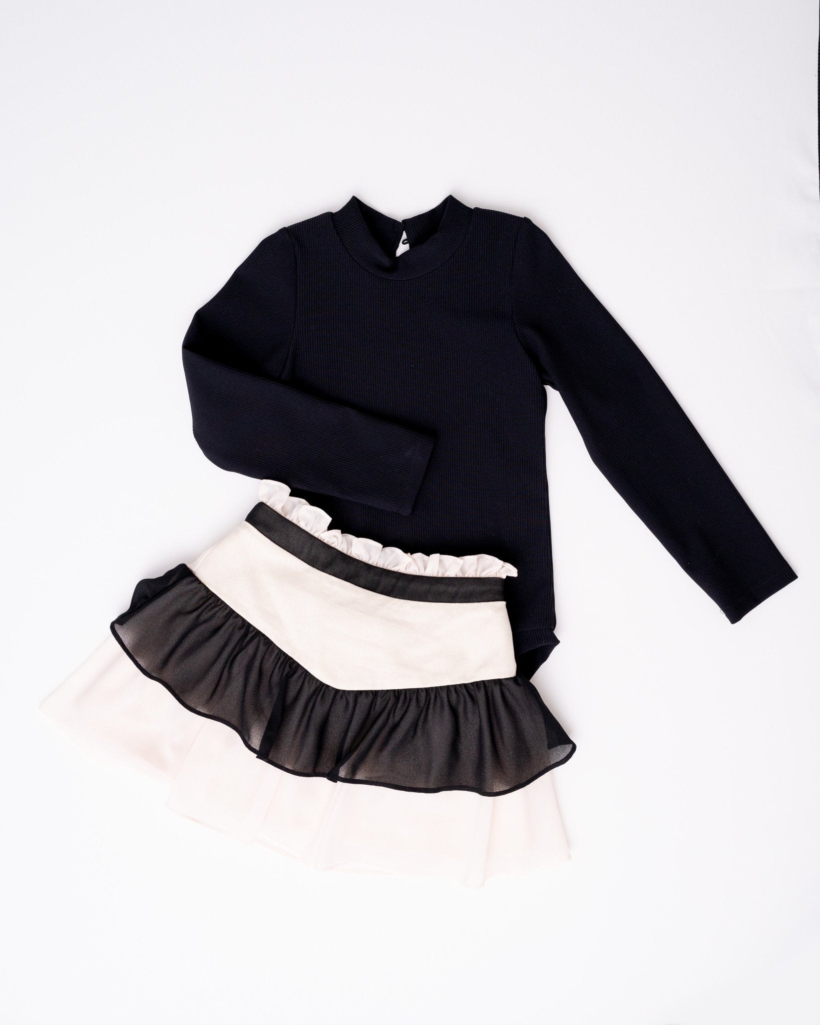 Sweet Melody Black and Ivory Bodysuit/Leo and Skirt Simplicity Set - Evie's Closet Clothing