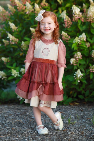 Thankful Heart Wheat, Blush, and Maroon Embroidered Dress and Undershirt - Evie's Closet Clothing