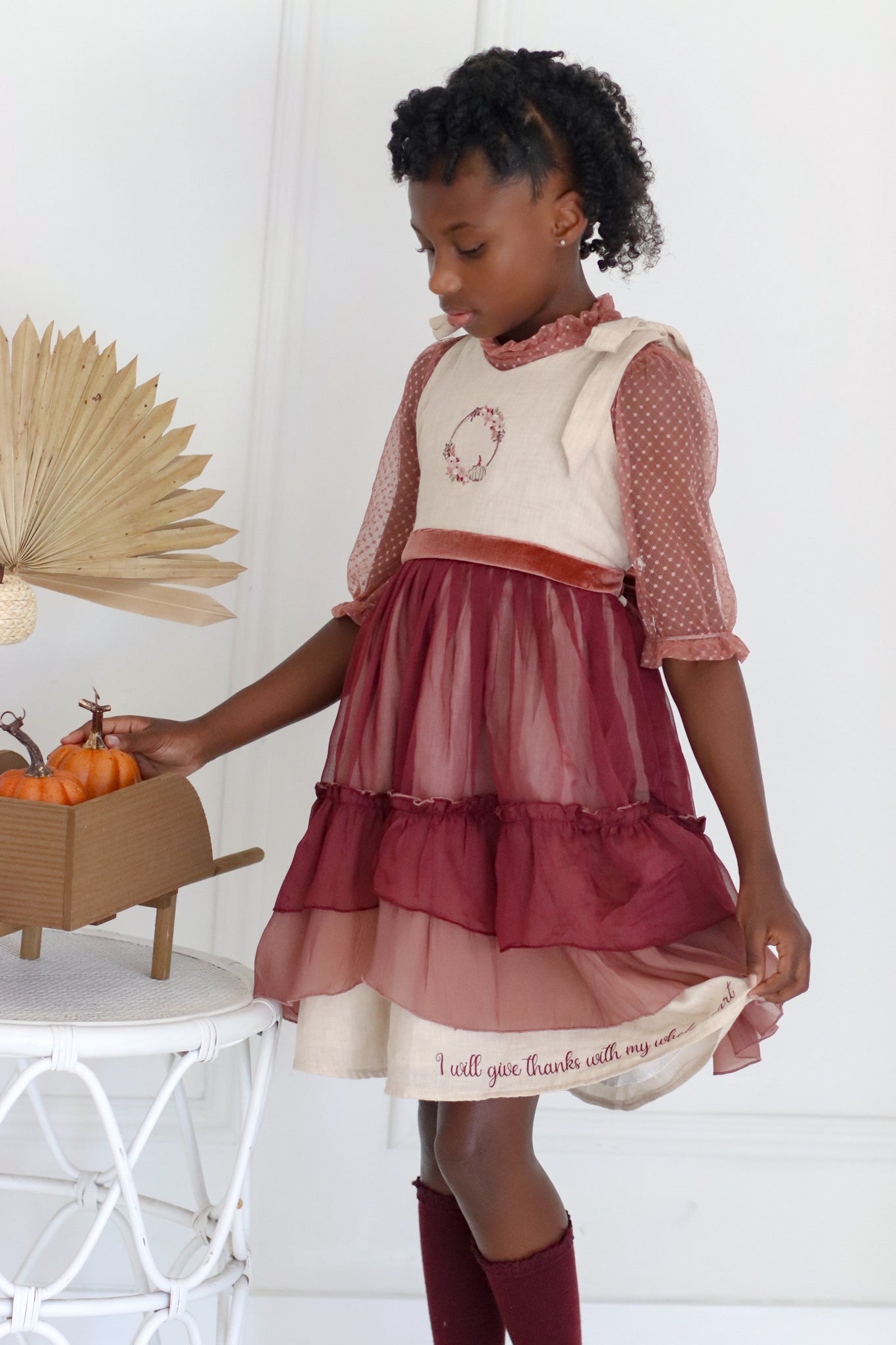 Thankful Heart Wheat, Blush, and Maroon Embroidered Dress and Undershirt - Evie's Closet Clothing
