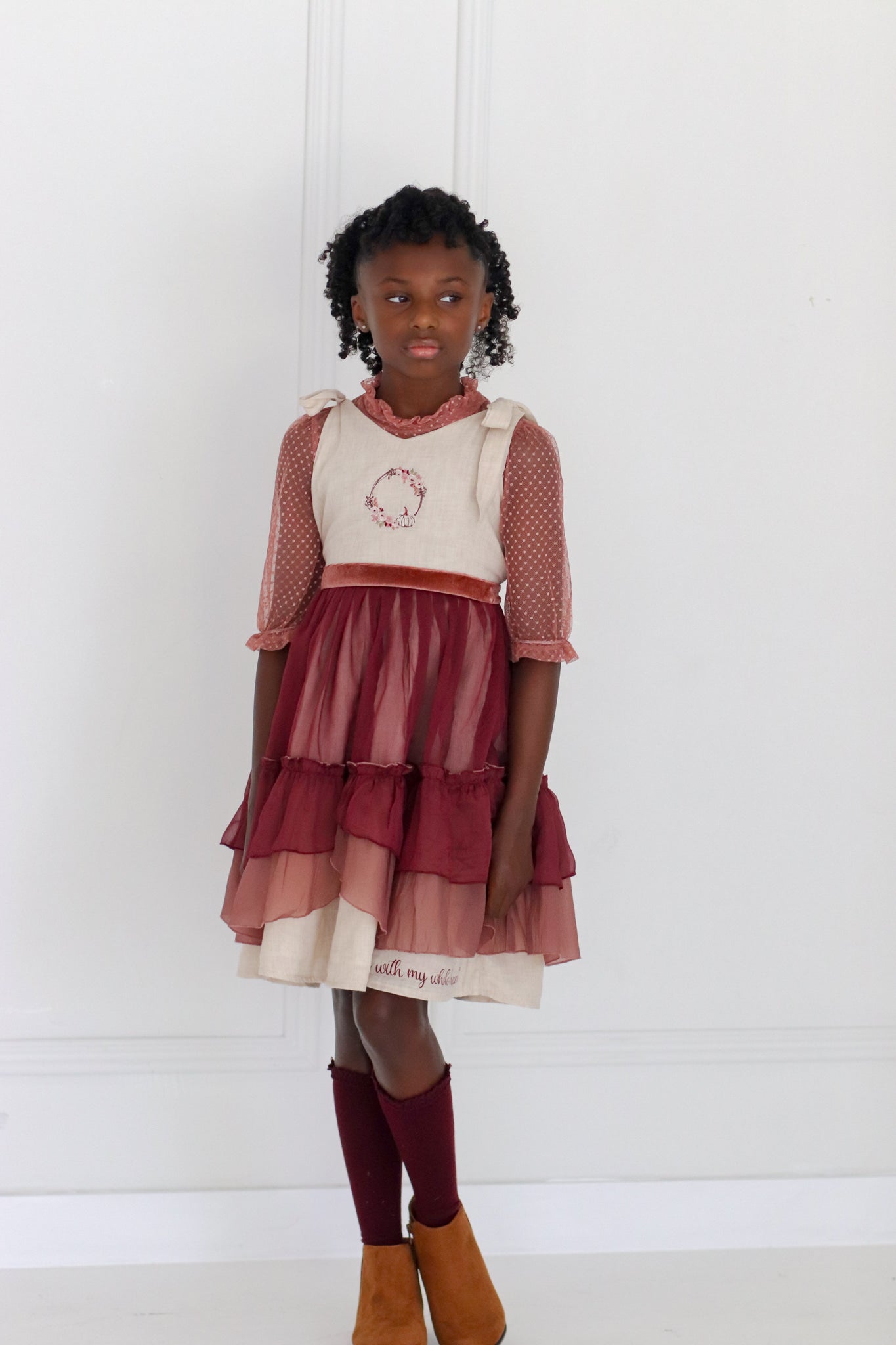 Thankful Heart Wheat, Blush, and Maroon Embroidered Dress and Undershirt - Evie's Closet Clothing