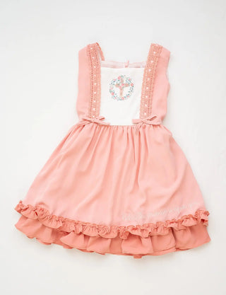 The Lord's Promise Blush and Soft White Watercolor Printed, Lace Detail, Embroidered Quote Dress - Evie's Closet Clothing