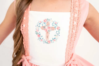 The Lord's Promise Blush and Soft White Watercolor Printed, Lace Detail, Embroidered Quote Dress - Evie's Closet Clothing