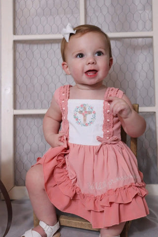 The Lord's Promise Blush and Soft White Watercolor Printed, Lace Detail, Embroidered Quote Skirted Bubble - Evie's Closet Clothing