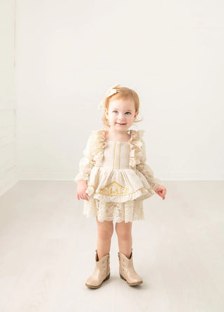 Thrill of Hope Ivory and Gold Embroidered Lace Accent Skirted Bubble - Evie's Closet Clothing